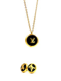 Gold LV Logo Pendant Necklace & Earrings Set