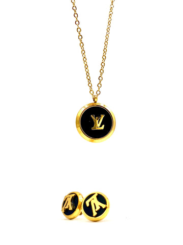 Fashionable gold necklace and earrings set with black enamel and LV logo design.