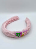 Fluffy White And Pink Headband with Colorful “Nice” Lettering