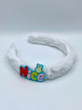 Fluffy White And Pink Headband with Colorful “Nice” Lettering